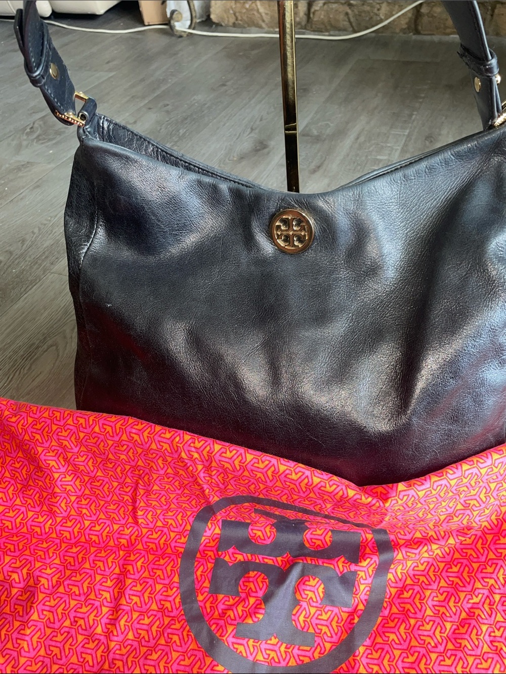 Tory Burch Black Leather Hobo Shoulder Bag with Gold Logo